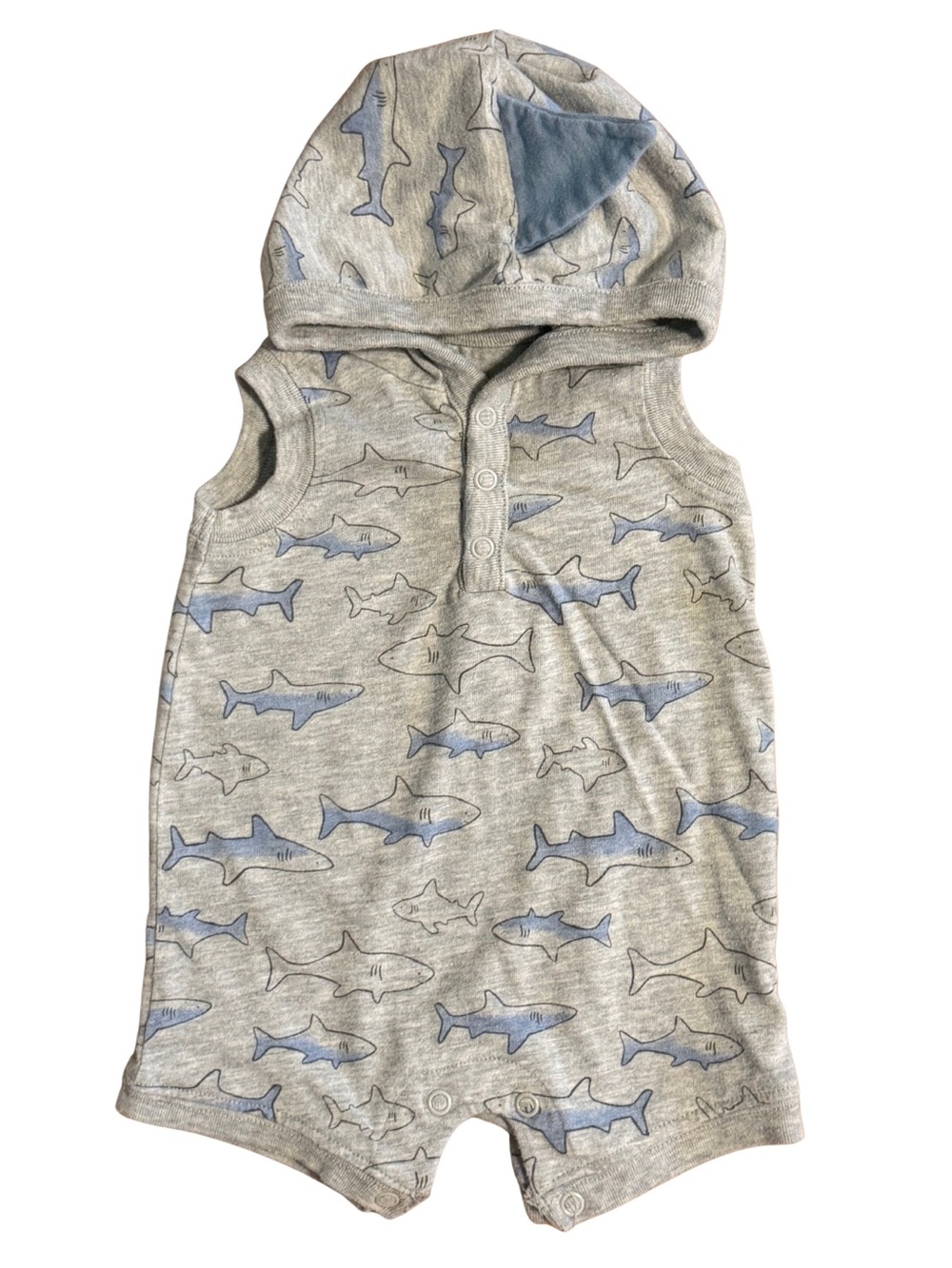 Carter's Gray Hooded Shark Print Romper with Blue Accents